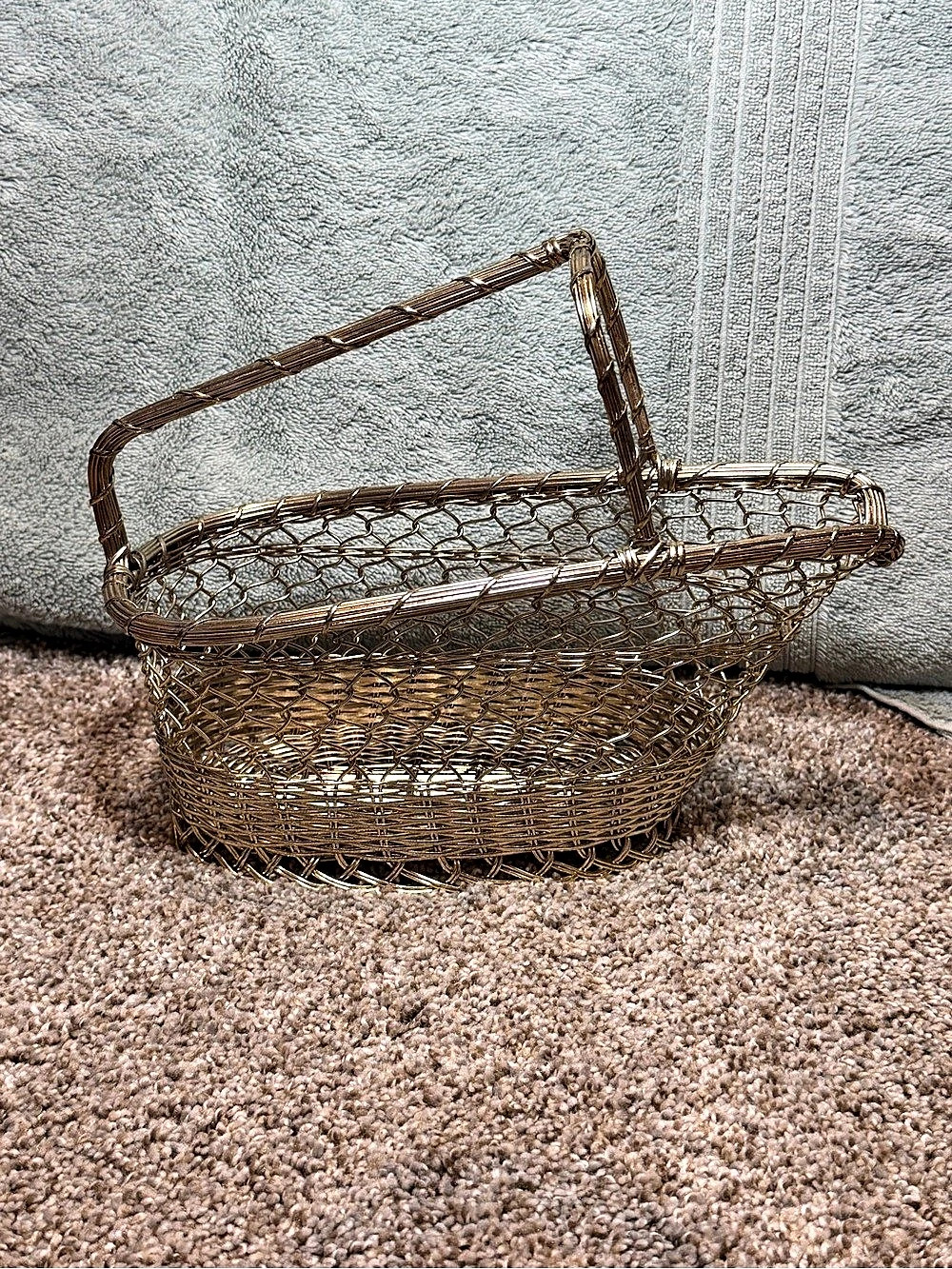 Vintage Woven Brass Metal Wine Bottle Carrier Basket